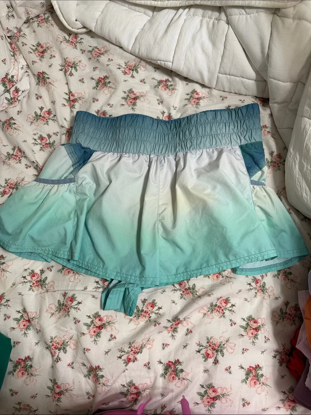 Free People Get Your Flirt On Ombre Aqua-to-Teal Elastic Waist Shorts